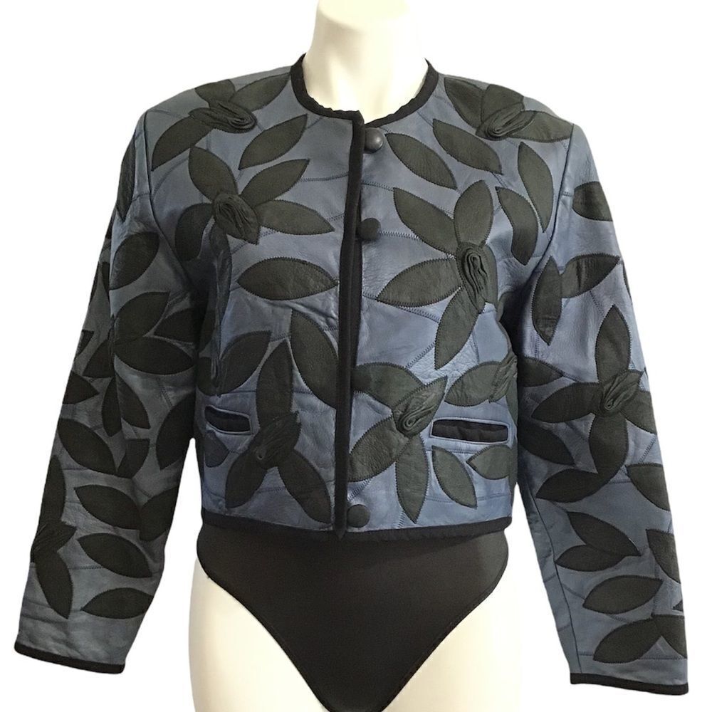 Leather Custom Made Crop Jacket Blue With Flower Petal Crew Neck Cropped Jacket